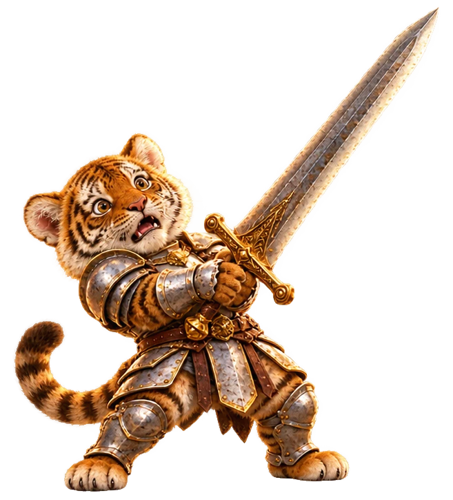 Altay holding a huge sword, startled
